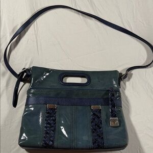 Brighton top-handle or crossbody purse in patent blue/grey leather.